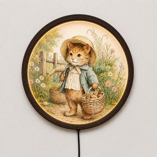 Rustic Cat LED Wall Art – Round Framed Farmhouse Wall Light