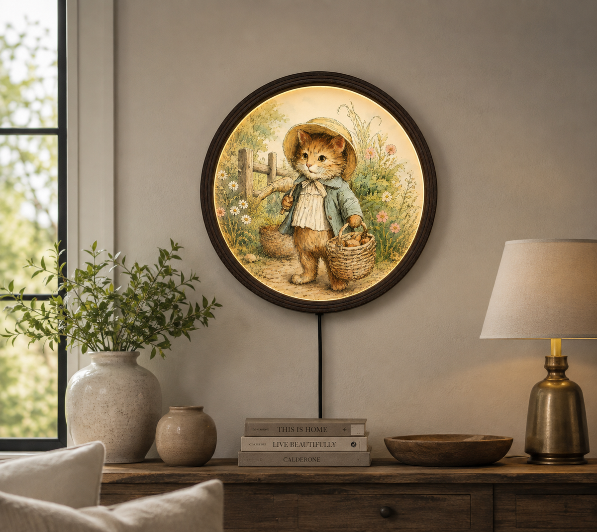 Rustic Cat LED Wall Art – Round Framed Farmhouse Wall Light