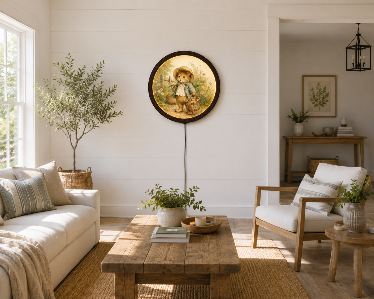Rustic Cat LED Wall Art – Round Framed Farmhouse Wall Light