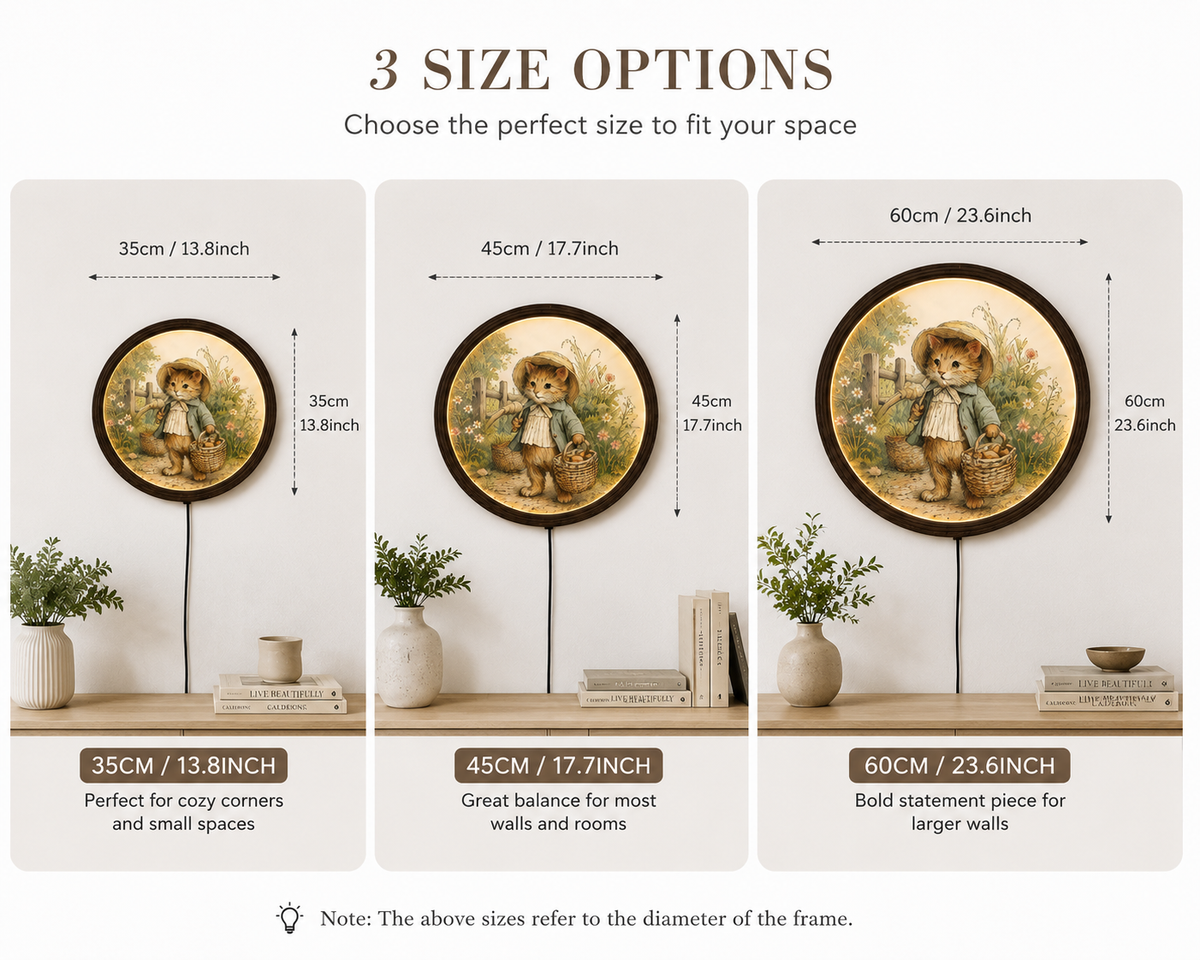 Rustic Cat LED Wall Art – Round Framed Farmhouse Wall Light