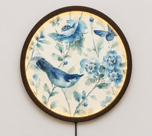 Blue Bird & Floral LED Round Wall Art – Watercolor Botanical Lighted Wall Decor, Modern Home Decor, Living Room Wall Hanging
