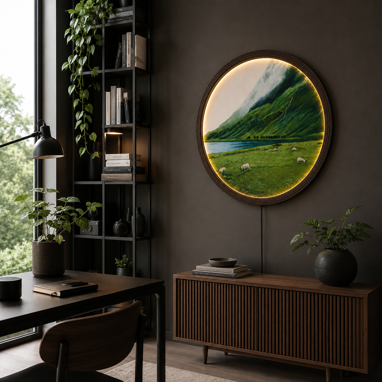 Round LED Mountain Landscape Wall Art – Premium Wooden Frame Nature Home Decor