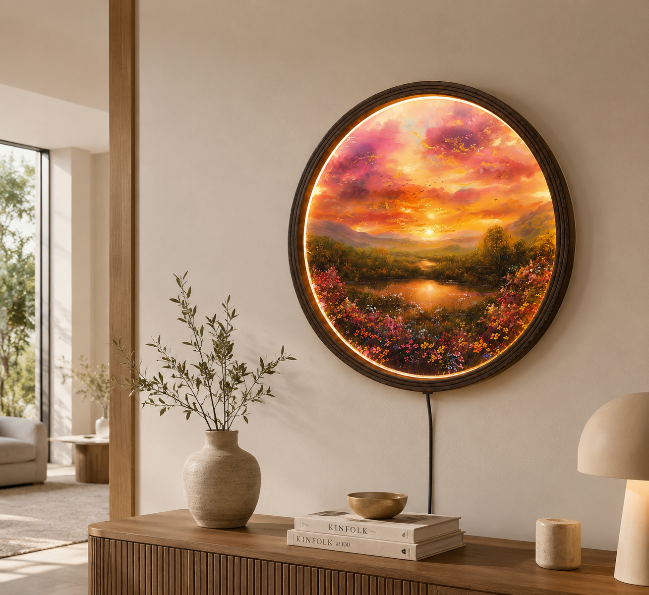 Sunset Landscape Round LED Wall Art – Modern Illuminated Home Decor