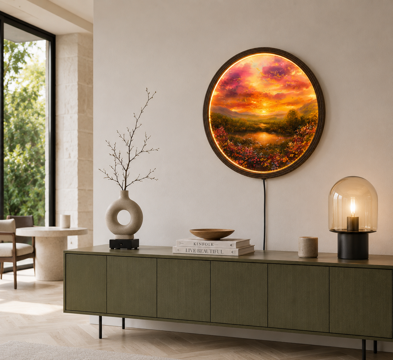 Sunset Landscape Round LED Wall Art – Modern Illuminated Home Decor