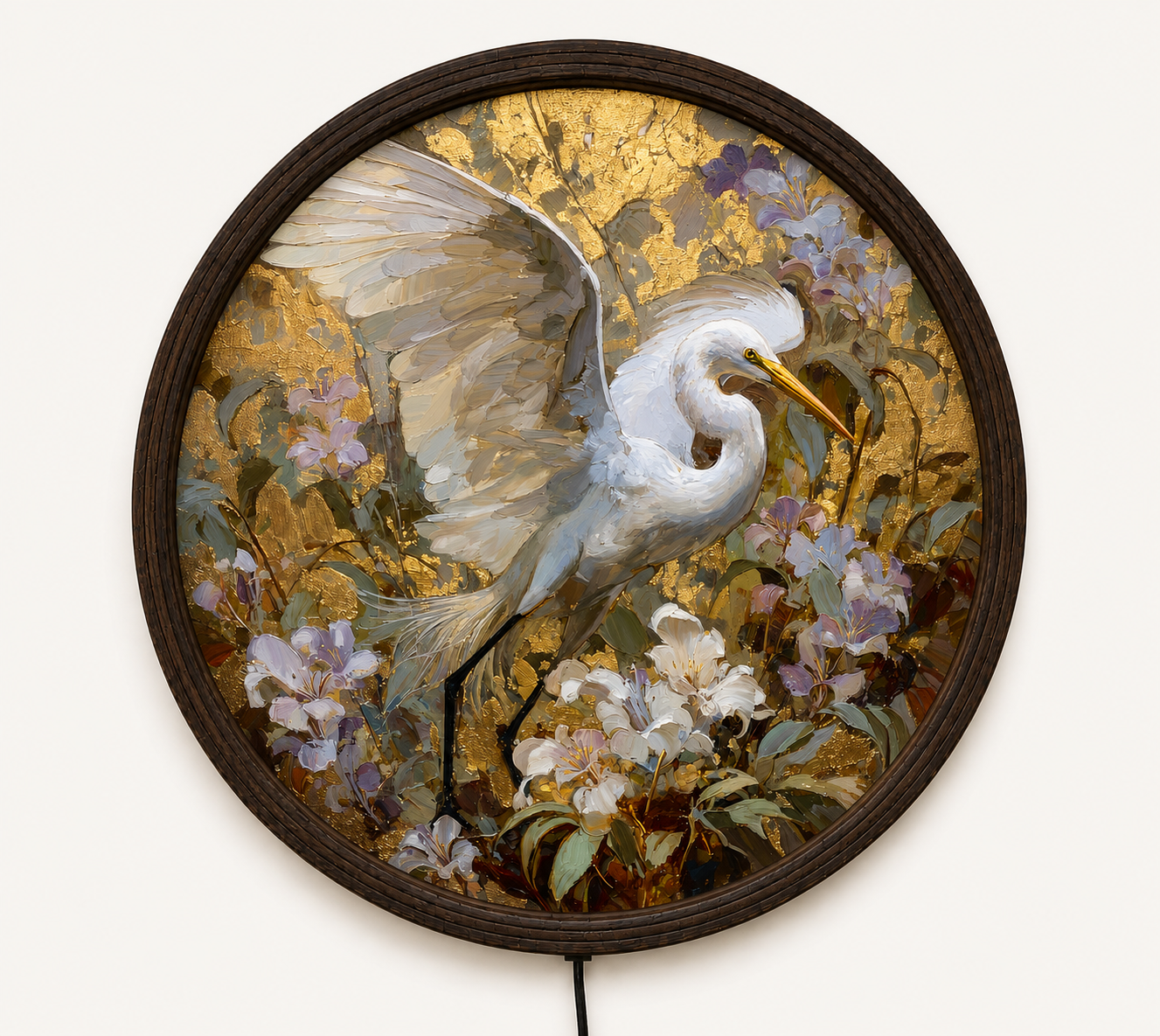 Elegant White Heron LED Round Wall Art – Luxury Floral Illuminated Wall Decor with Warm Glow for Living Room & Bedroom