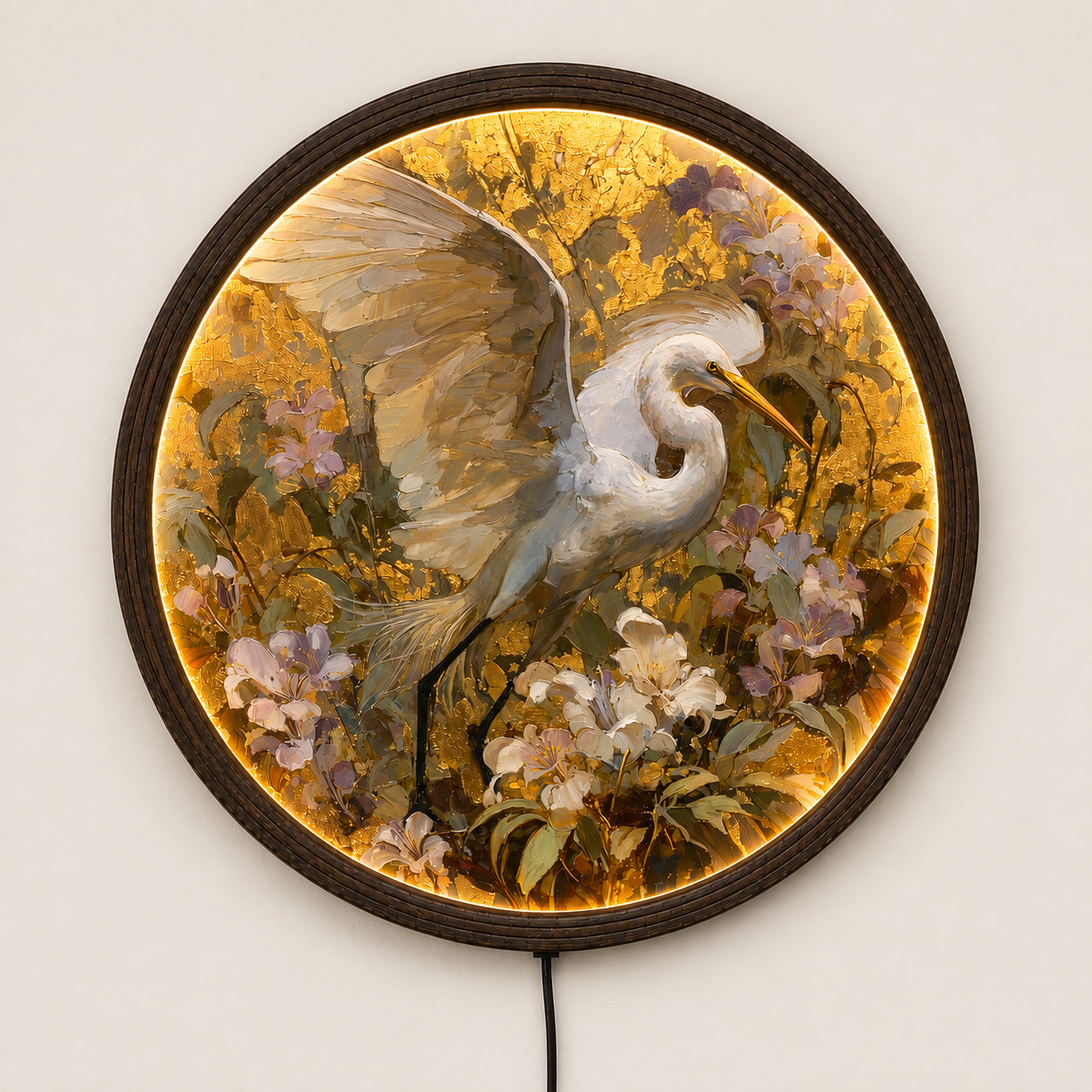Elegant White Heron LED Round Wall Art – Luxury Floral Illuminated Wall Decor with Warm Glow for Living Room & Bedroom