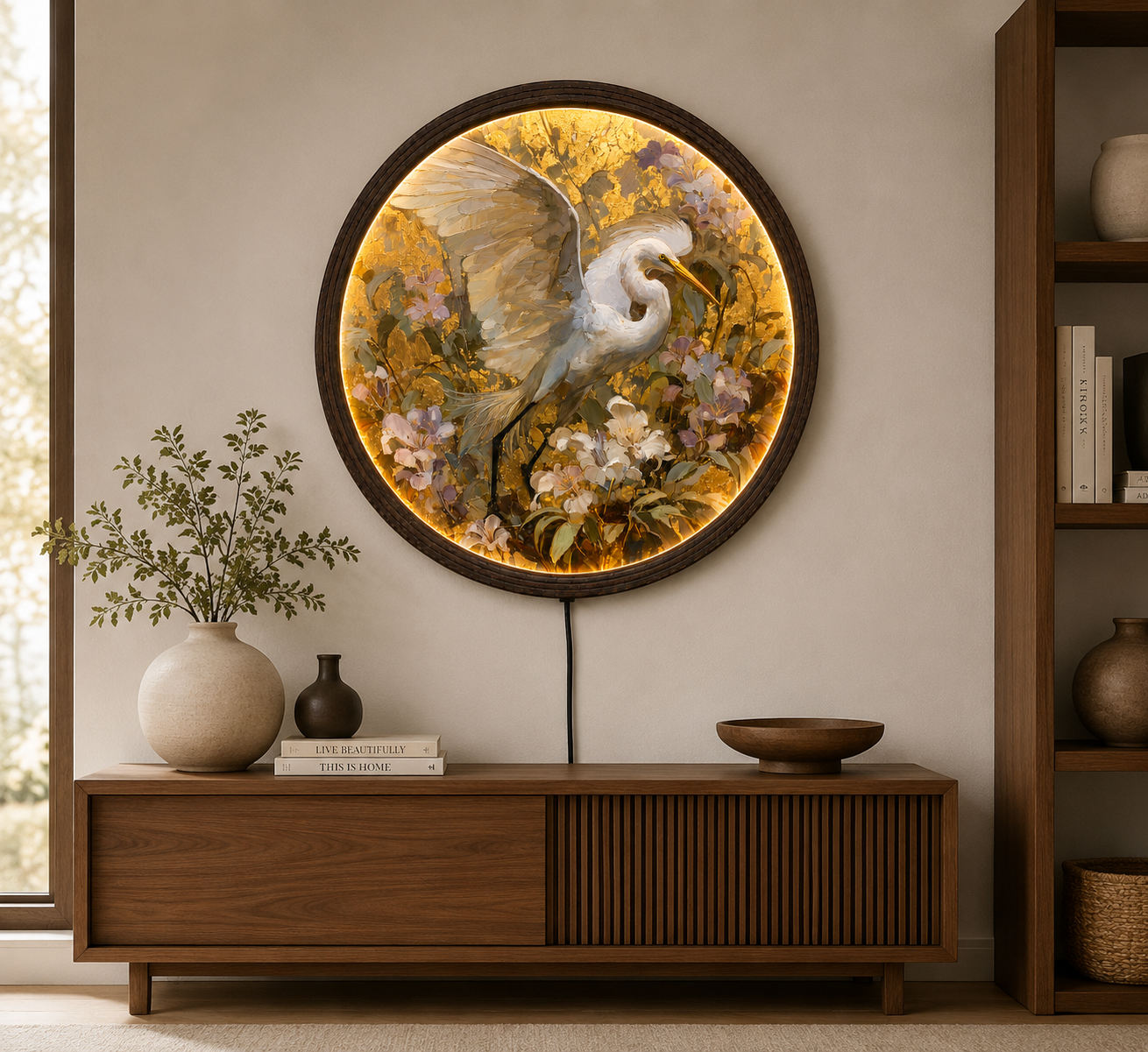 Elegant White Heron LED Round Wall Art – Luxury Floral Illuminated Wall Decor with Warm Glow for Living Room & Bedroom