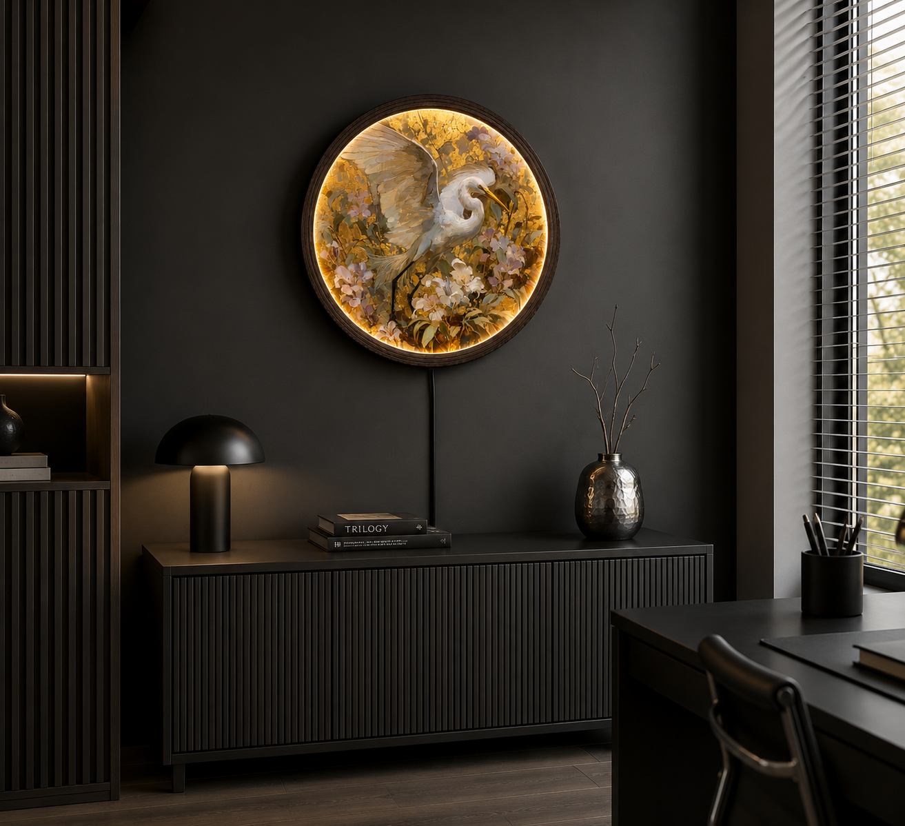 Elegant White Heron LED Round Wall Art – Luxury Floral Illuminated Wall Decor with Warm Glow for Living Room & Bedroom