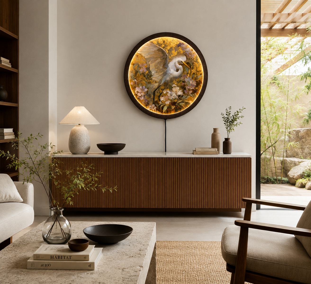 Elegant White Heron LED Round Wall Art – Luxury Floral Illuminated Wall Decor with Warm Glow for Living Room & Bedroom