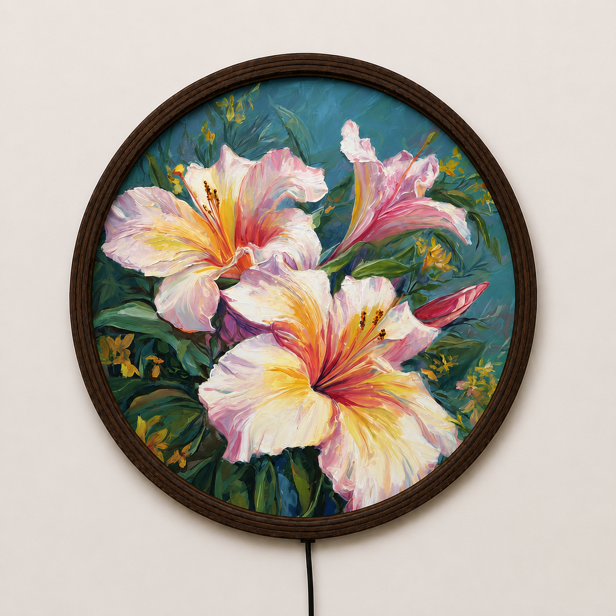 Elegant Pink Lily LED Round Wall Art – Illuminated Floral Canvas Wall Decor with Wooden Frame for Living Room & Bedroom