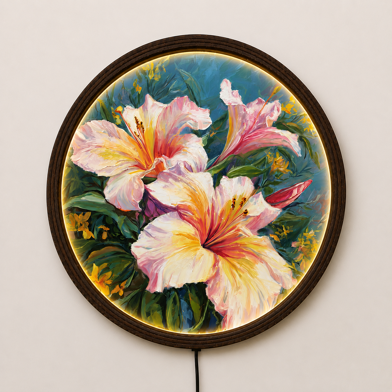 Elegant Pink Lily LED Round Wall Art – Illuminated Floral Canvas Wall Decor with Wooden Frame for Living Room & Bedroom