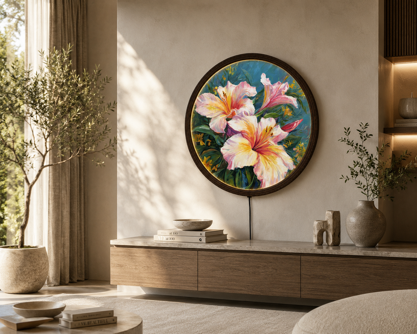 Elegant Pink Lily LED Round Wall Art – Illuminated Floral Canvas Wall Decor with Wooden Frame for Living Room & Bedroom