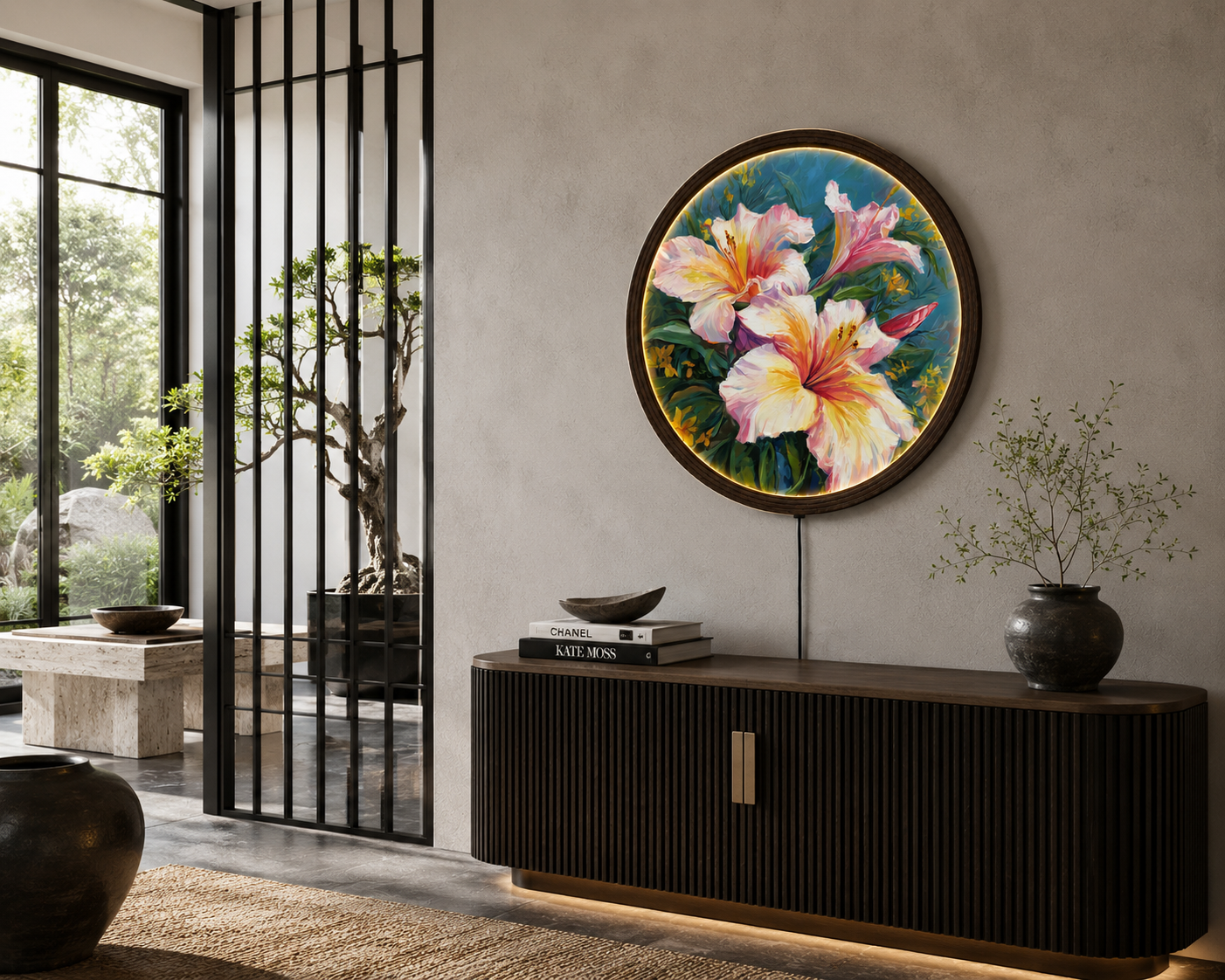 Elegant Pink Lily LED Round Wall Art – Illuminated Floral Canvas Wall Decor with Wooden Frame for Living Room & Bedroom