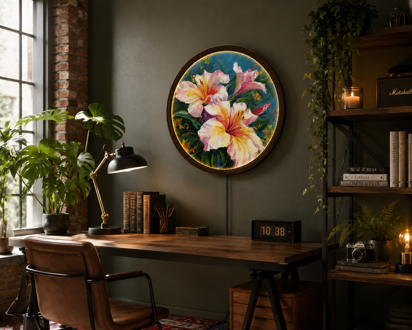 Elegant Pink Lily LED Round Wall Art – Illuminated Floral Canvas Wall Decor with Wooden Frame for Living Room & Bedroom