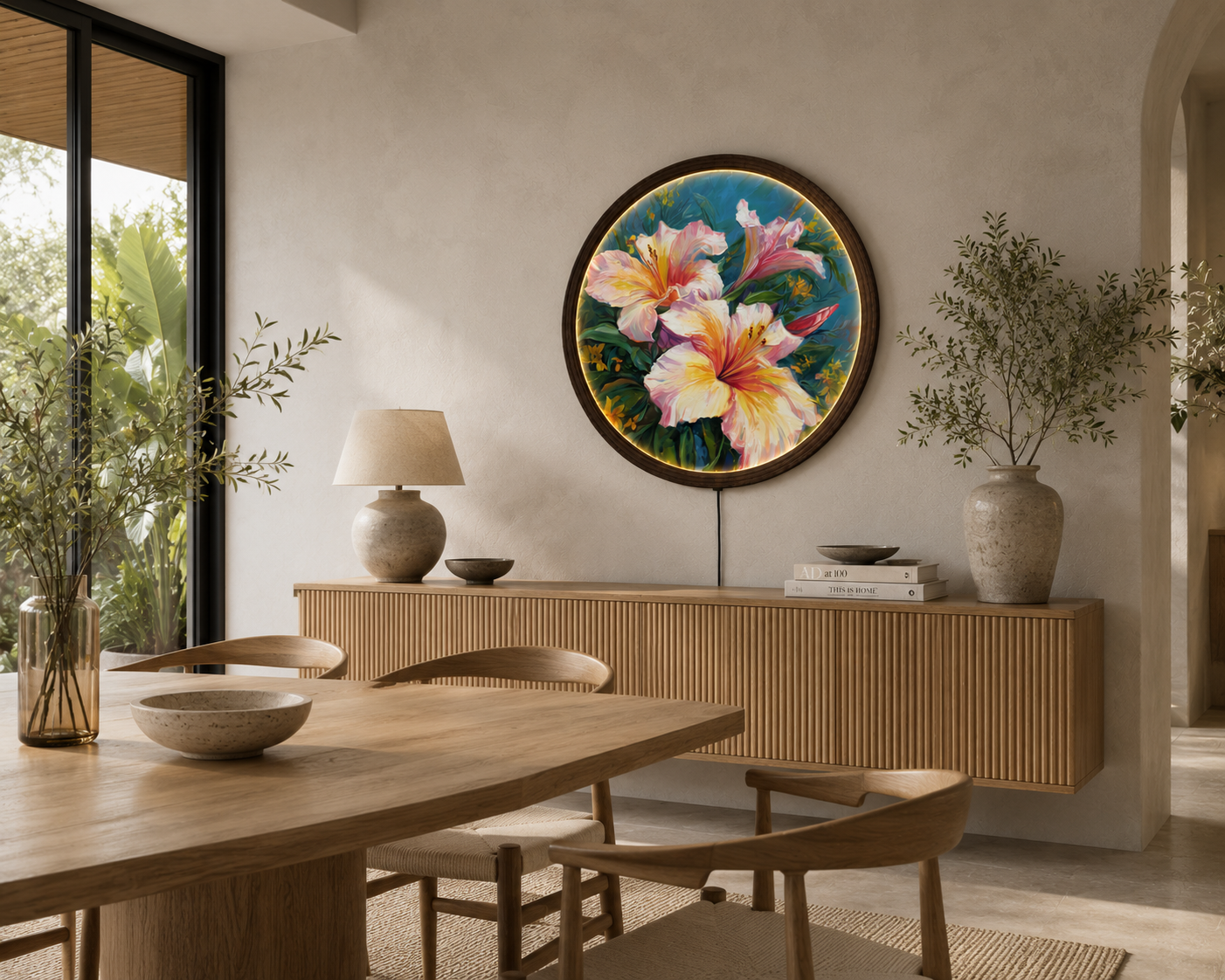 Elegant Pink Lily LED Round Wall Art – Illuminated Floral Canvas Wall Decor with Wooden Frame for Living Room & Bedroom
