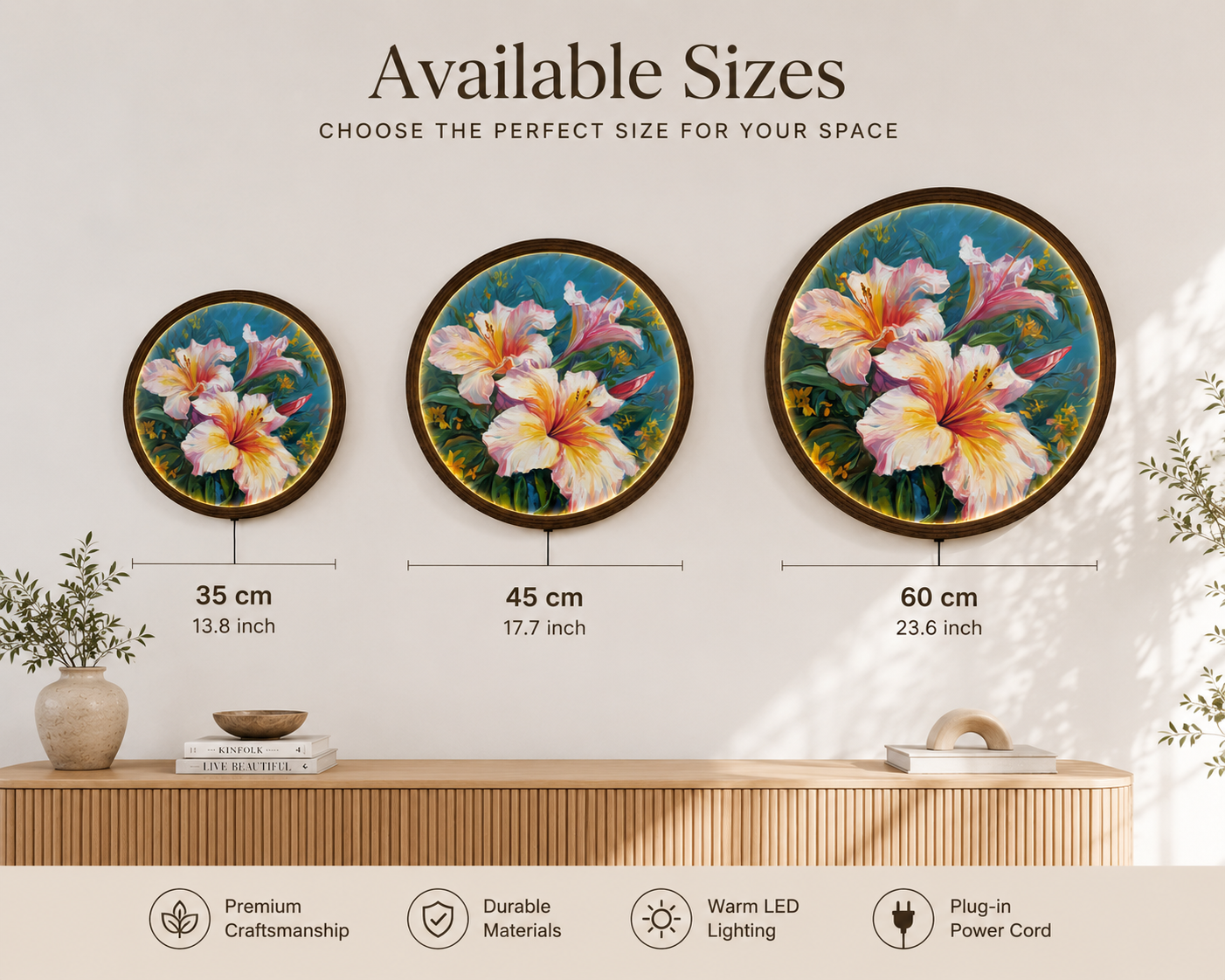 Elegant Pink Lily LED Round Wall Art – Illuminated Floral Canvas Wall Decor with Wooden Frame for Living Room & Bedroom