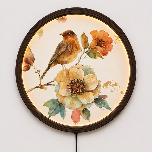Vintage Bird & Floral LED Round Wall Art – Rustic Wooden Frame, Warm Light Home Decor