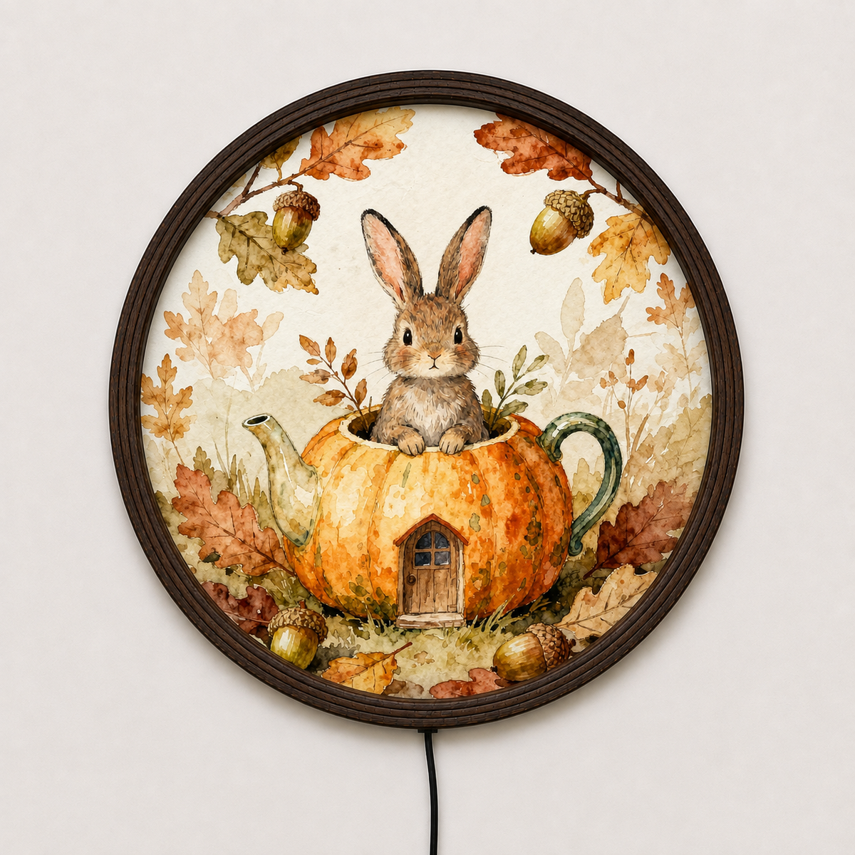 Rustic Autumn Bunny LED Wall Art – Round Pumpkin House Lighted Wall Decor