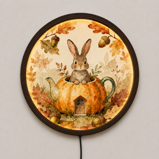 Rustic Autumn Bunny LED Wall Art – Round Pumpkin House Lighted Wall Decor