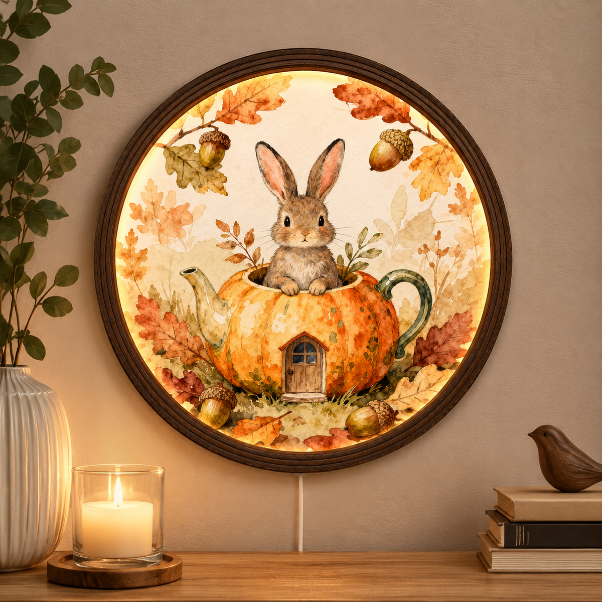 Rustic Autumn Bunny LED Wall Art – Round Pumpkin House Lighted Wall Decor