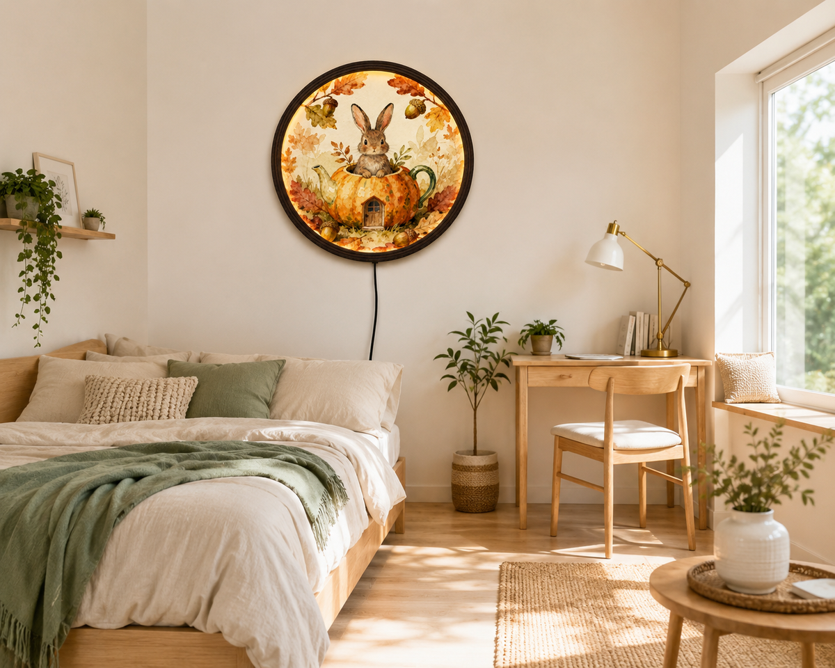 Rustic Autumn Bunny LED Wall Art – Round Pumpkin House Lighted Wall Decor