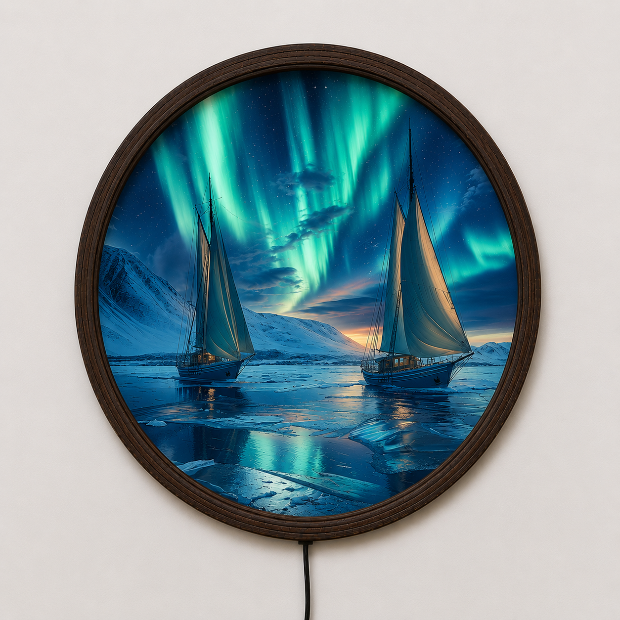 Aurora Borealis Sailing LED Wall Art – Round Illuminated Coastal Canvas, Nordic Night Seascape Decor, Modern Home Wall Hanging