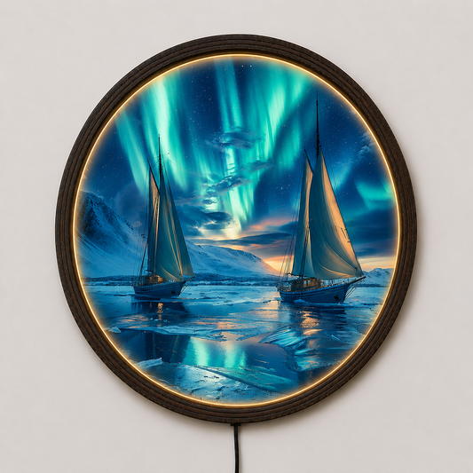 Aurora Borealis Sailing LED Wall Art – Round Illuminated Coastal Canvas, Nordic Night Seascape Decor, Modern Home Wall Hanging
