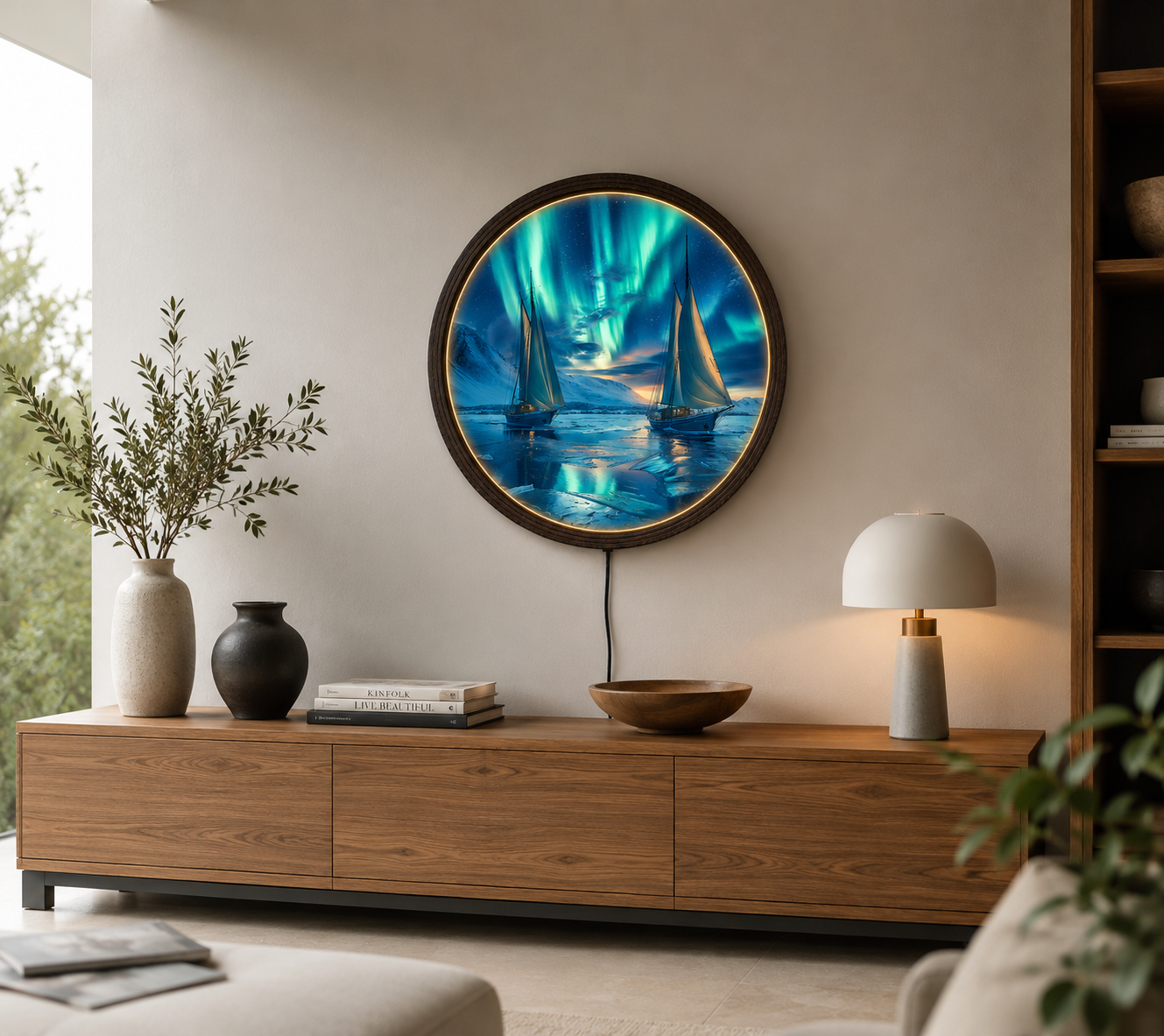Aurora Borealis Sailing LED Wall Art – Round Illuminated Coastal Canvas, Nordic Night Seascape Decor, Modern Home Wall Hanging