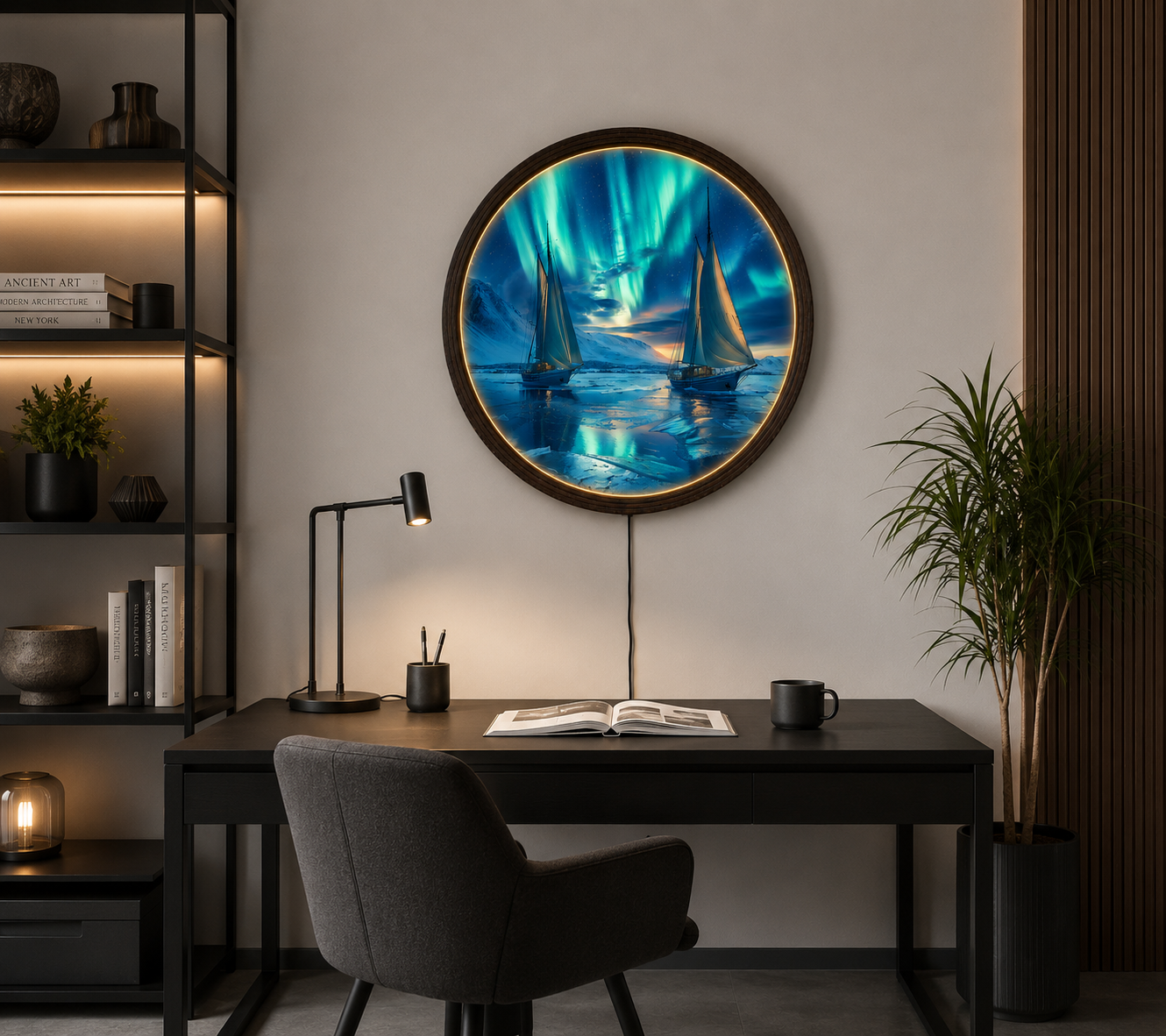 Aurora Borealis Sailing LED Wall Art – Round Illuminated Coastal Canvas, Nordic Night Seascape Decor, Modern Home Wall Hanging