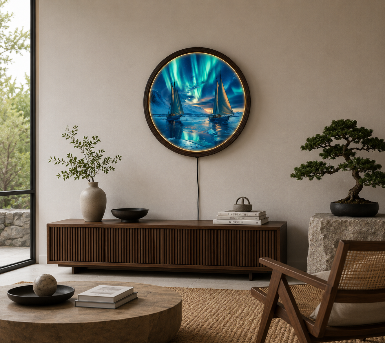 Aurora Borealis Sailing LED Wall Art – Round Illuminated Coastal Canvas, Nordic Night Seascape Decor, Modern Home Wall Hanging