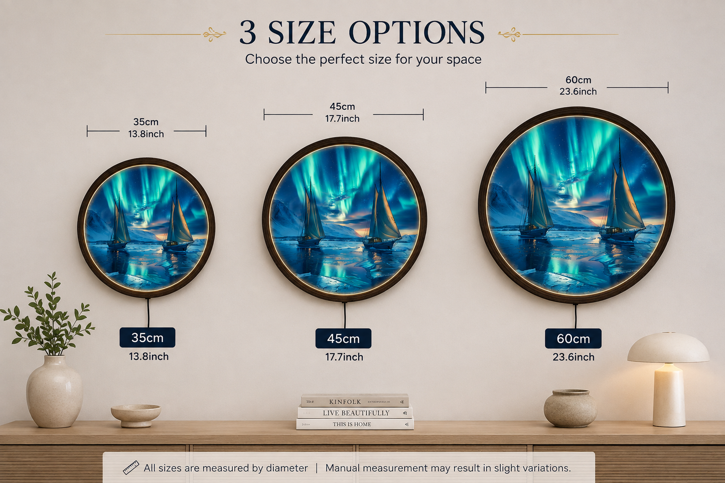 Aurora Borealis Sailing LED Wall Art – Round Illuminated Coastal Canvas, Nordic Night Seascape Decor, Modern Home Wall Hanging