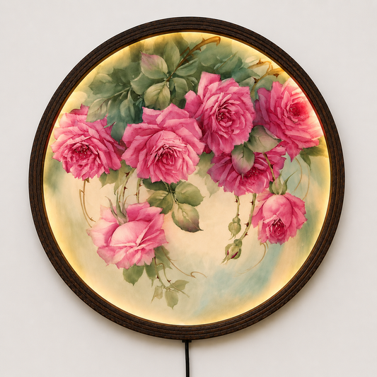 Vintage Pink Rose LED Round Wall Art – Illuminated Floral Wall Decor with Wooden Frame, Romantic Botanical Home Decoration