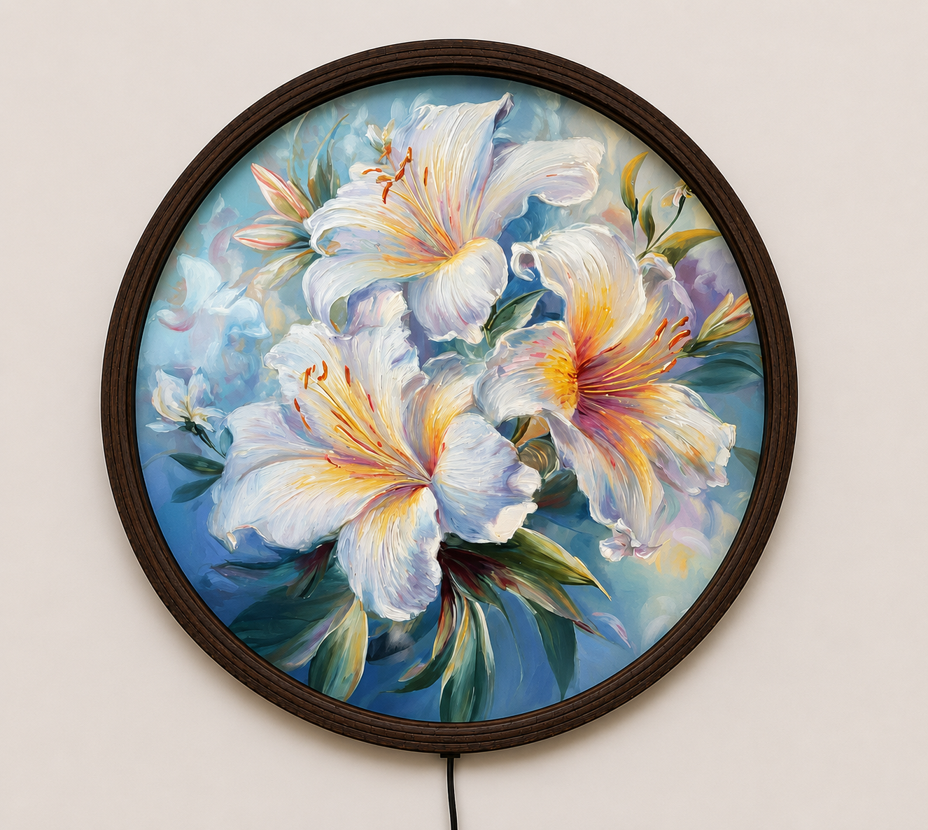 White Lily LED Round Wall Art – Illuminated Floral Canvas, Modern Botanical Wall Decor with Warm Ambient Light, Luxury Home Decor for Living Room & Bedroom