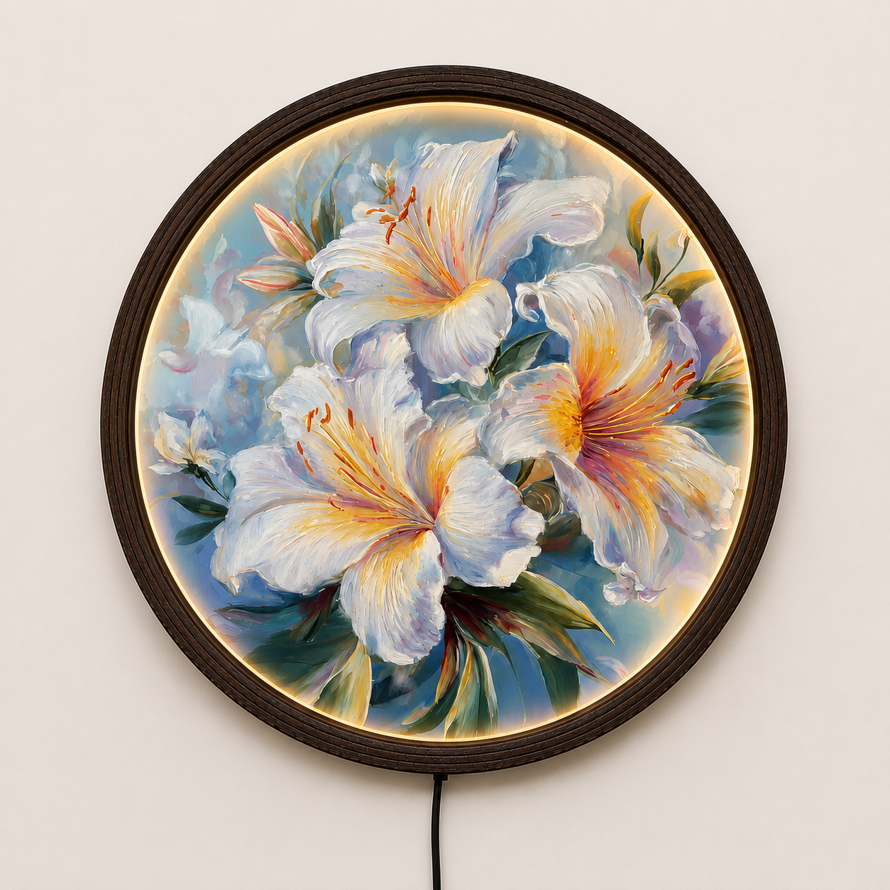White Lily LED Round Wall Art – Illuminated Floral Canvas, Modern Botanical Wall Decor with Warm Ambient Light, Luxury Home Decor for Living Room & Bedroom