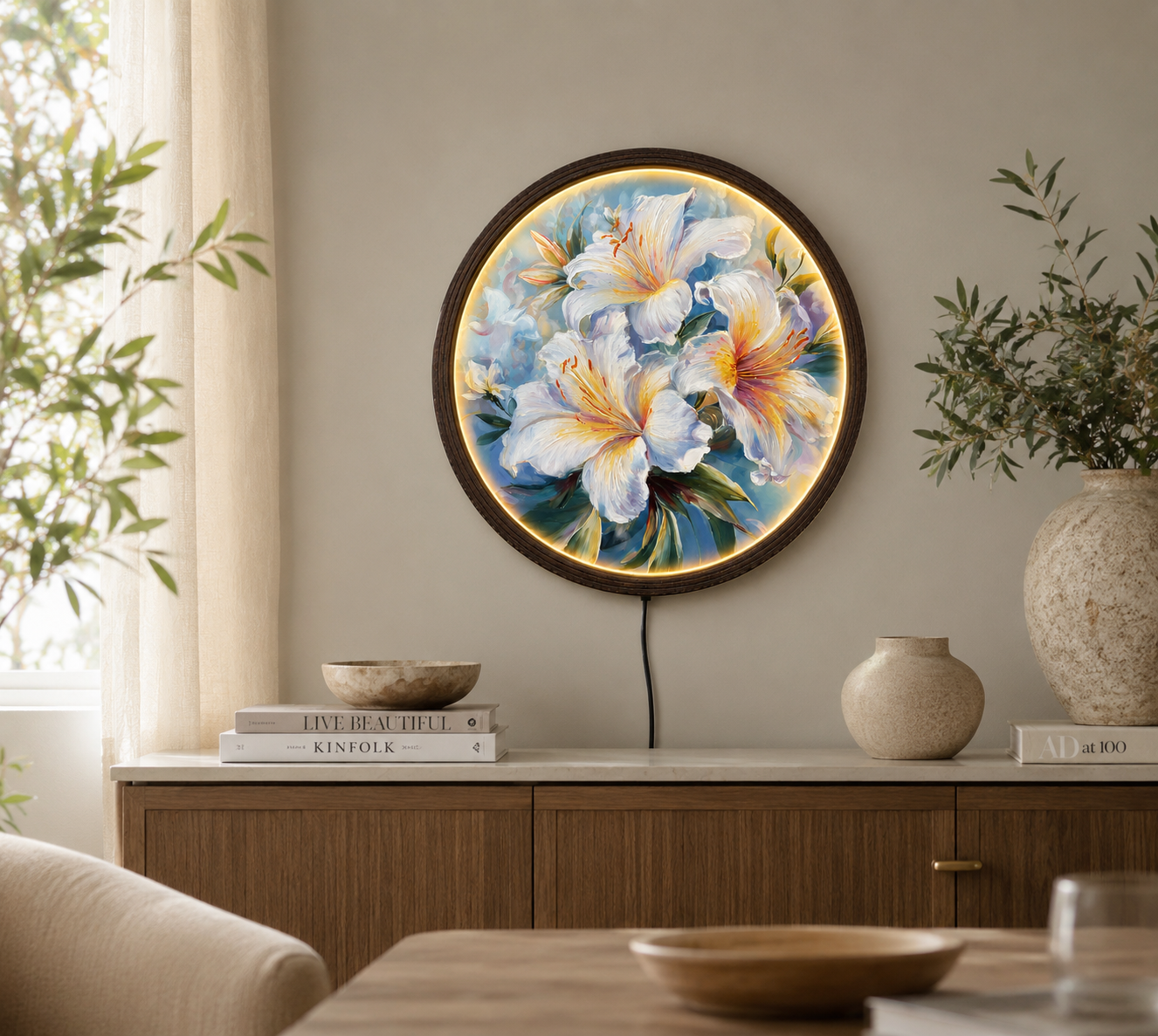 White Lily LED Round Wall Art – Illuminated Floral Canvas, Modern Botanical Wall Decor with Warm Ambient Light, Luxury Home Decor for Living Room & Bedroom