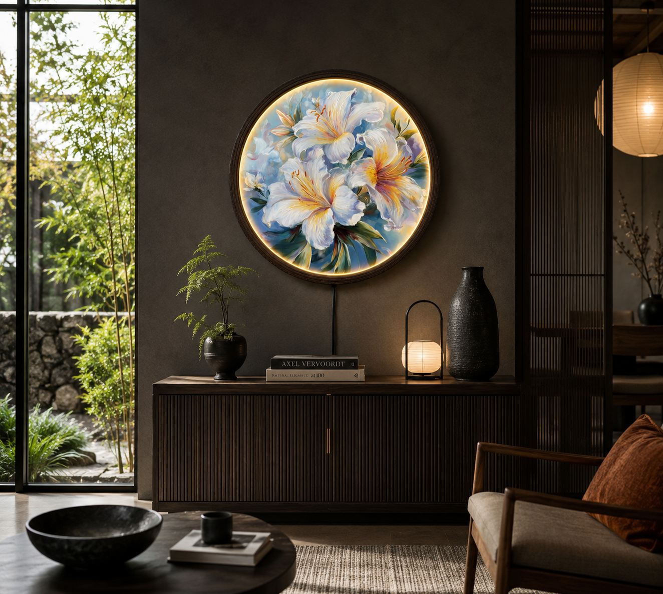 White Lily LED Round Wall Art – Illuminated Floral Canvas, Modern Botanical Wall Decor with Warm Ambient Light, Luxury Home Decor for Living Room & Bedroom