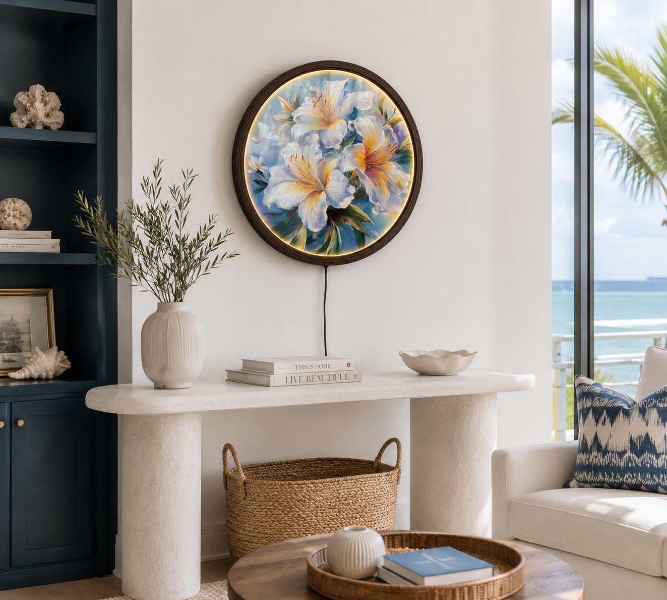 White Lily LED Round Wall Art – Illuminated Floral Canvas, Modern Botanical Wall Decor with Warm Ambient Light, Luxury Home Decor for Living Room & Bedroom