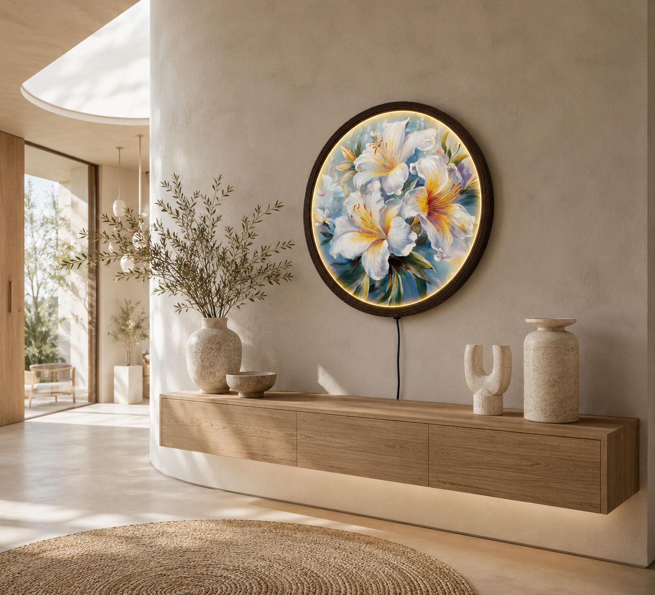 White Lily LED Round Wall Art – Illuminated Floral Canvas, Modern Botanical Wall Decor with Warm Ambient Light, Luxury Home Decor for Living Room & Bedroom