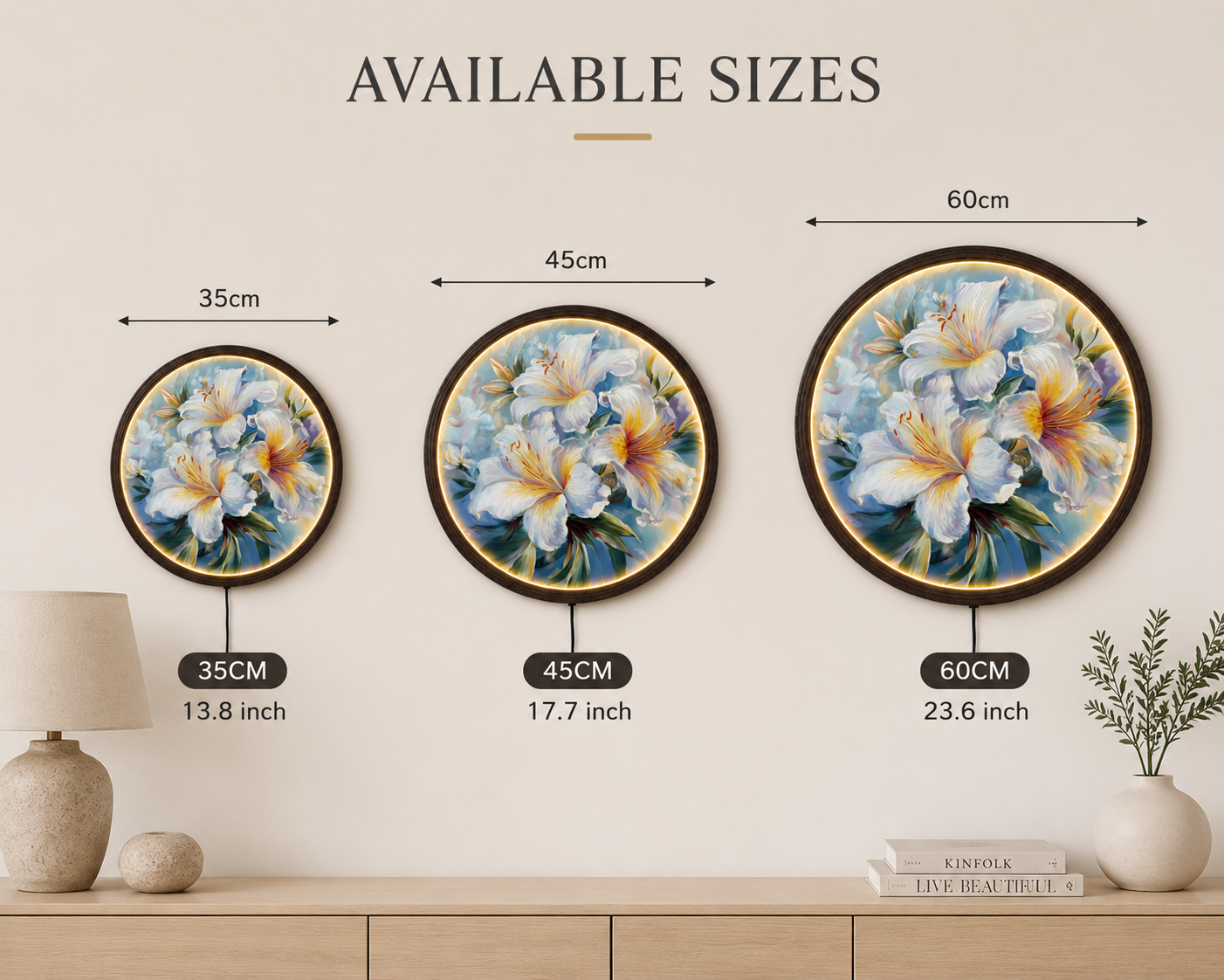 White Lily LED Round Wall Art – Illuminated Floral Canvas, Modern Botanical Wall Decor with Warm Ambient Light, Luxury Home Decor for Living Room & Bedroom