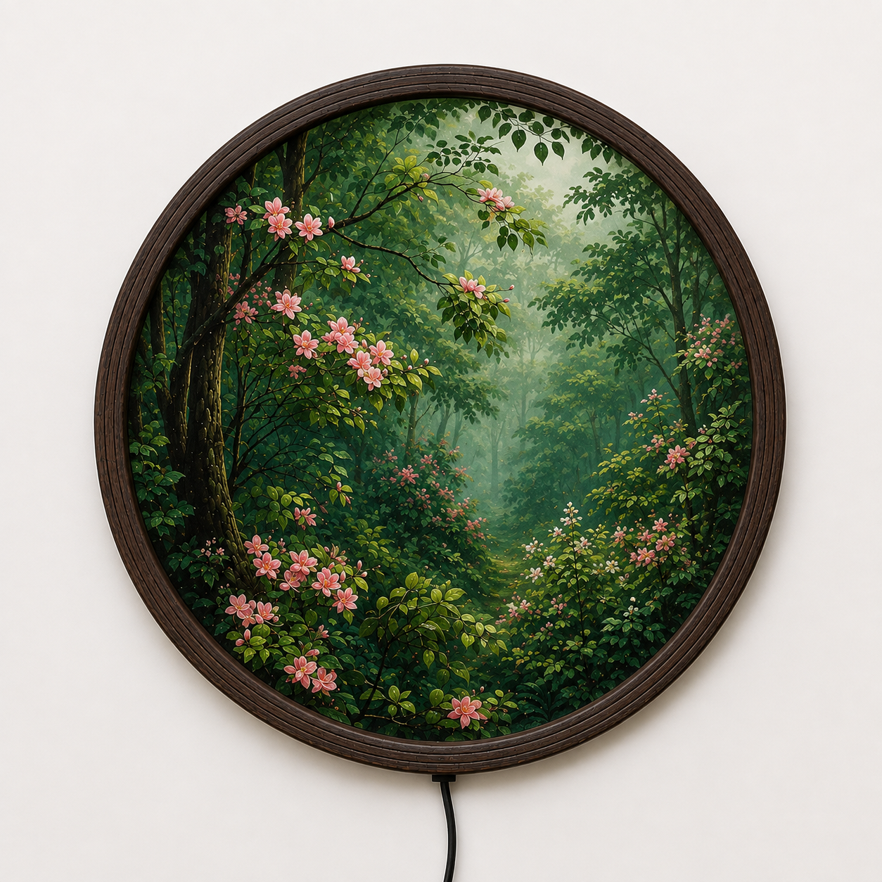 Enchanted Forest Blossom LED Wall Art – Round Illuminated Nature Canvas for Living Room Decor