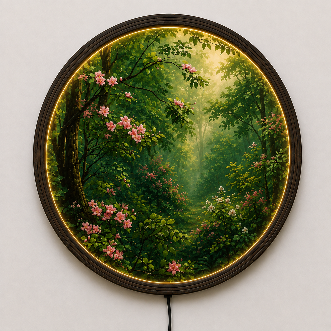 Enchanted Forest Blossom LED Wall Art – Round Illuminated Nature Canvas for Living Room Decor