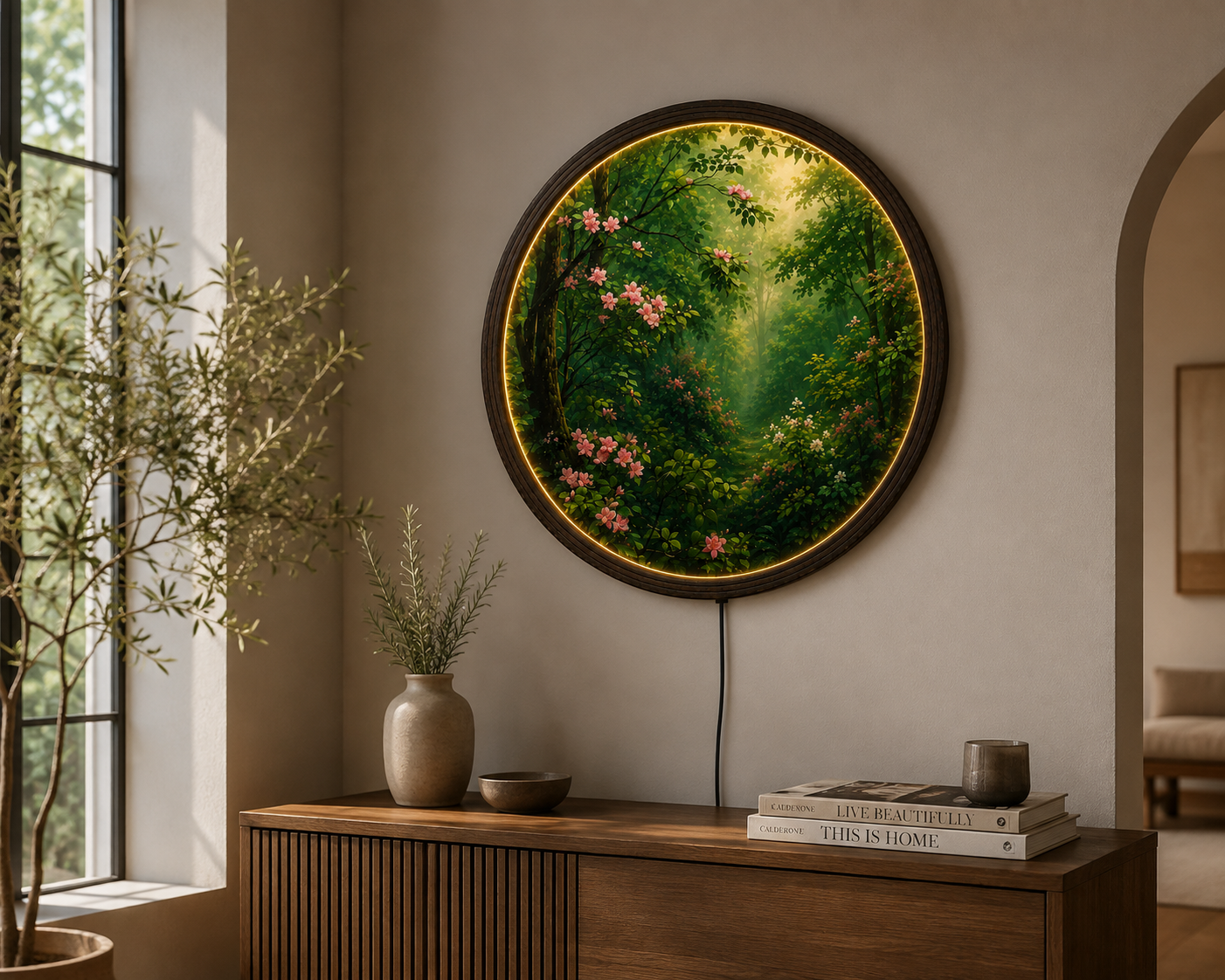Enchanted Forest Blossom LED Wall Art – Round Illuminated Nature Canvas for Living Room Decor