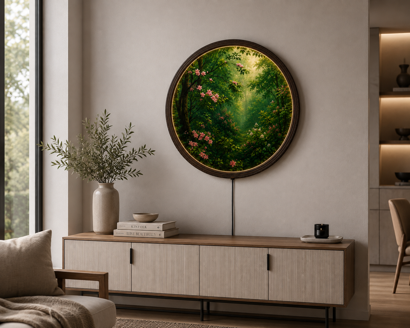 Enchanted Forest Blossom LED Wall Art – Round Illuminated Nature Canvas for Living Room Decor