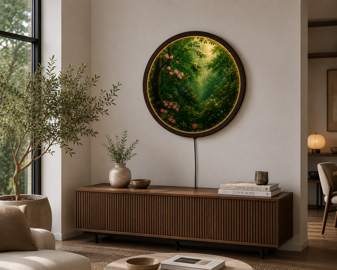 Enchanted Forest Blossom LED Wall Art – Round Illuminated Nature Canvas for Living Room Decor