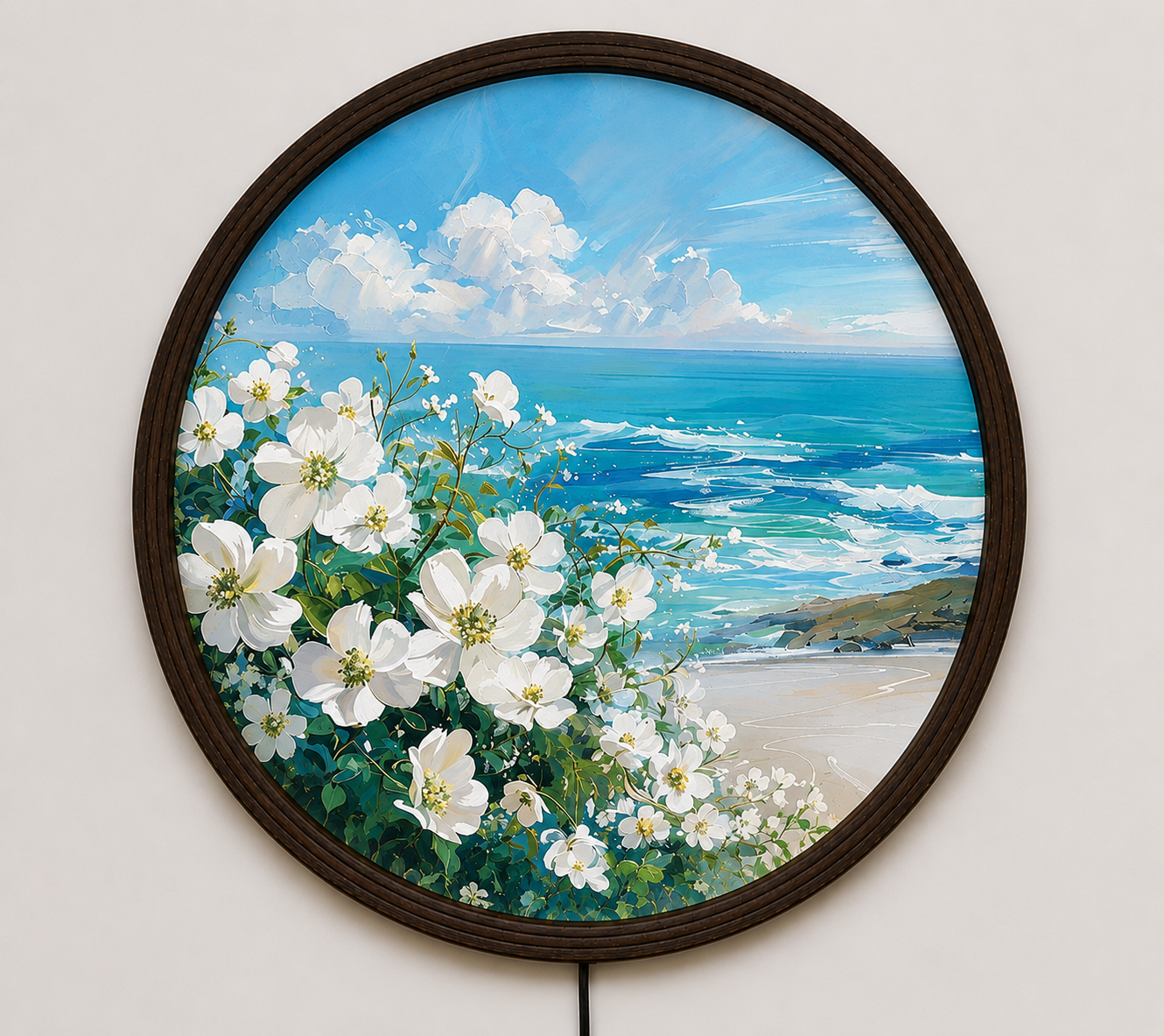 Coastal Bloom LED Round Wall Art – Ocean & White Flowers Illuminated Wall Decor