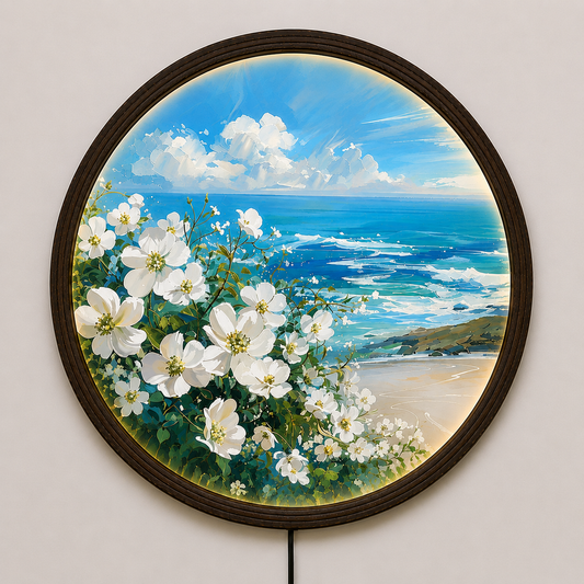Coastal Bloom LED Round Wall Art – Ocean & White Flowers Illuminated Wall Decor