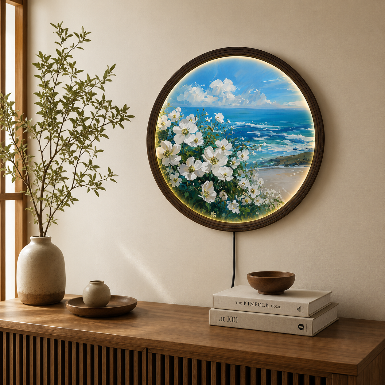 Coastal Bloom LED Round Wall Art – Ocean & White Flowers Illuminated Wall Decor