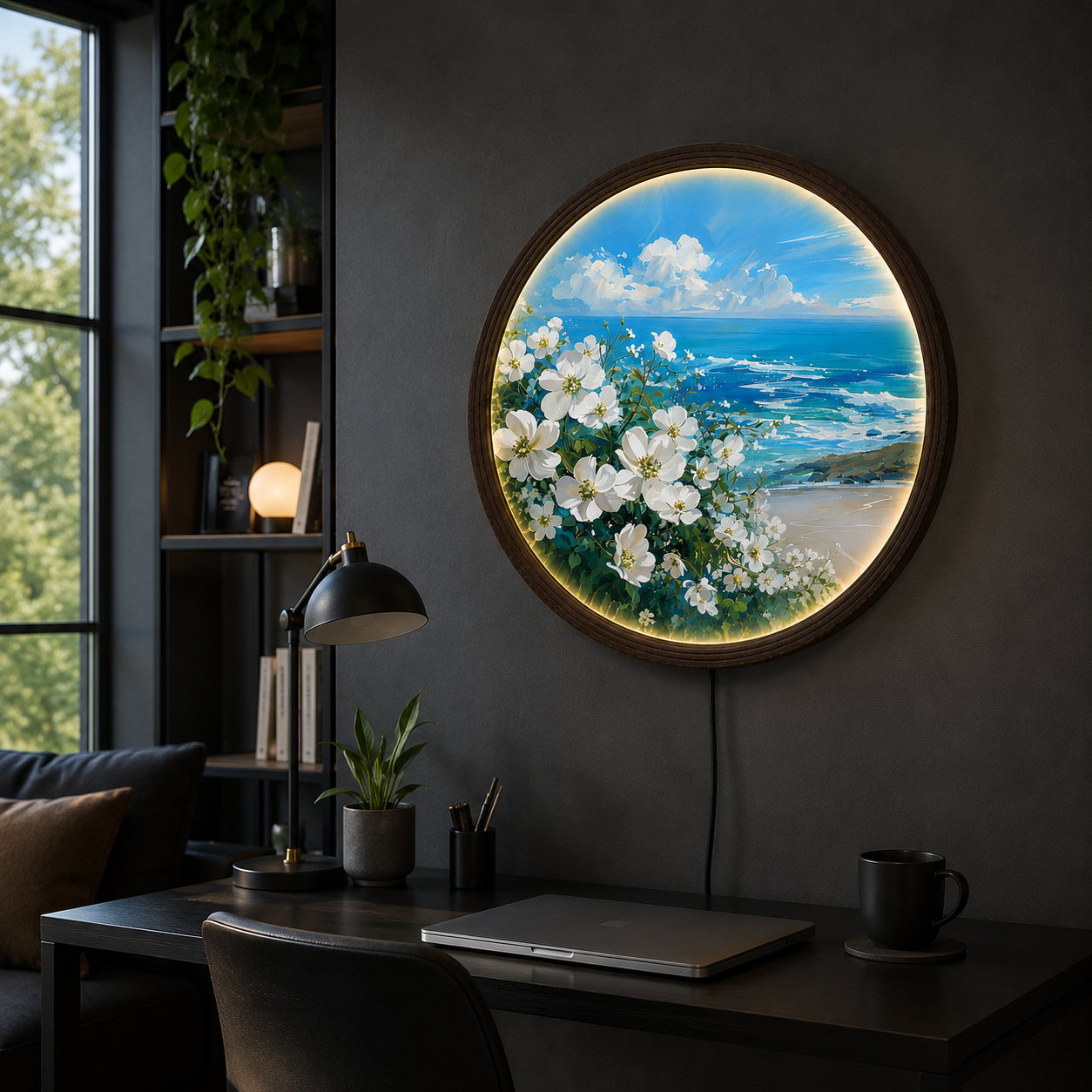 Coastal Bloom LED Round Wall Art – Ocean & White Flowers Illuminated Wall Decor