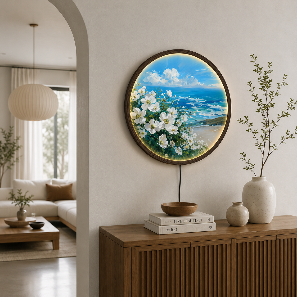 Coastal Bloom LED Round Wall Art – Ocean & White Flowers Illuminated Wall Decor