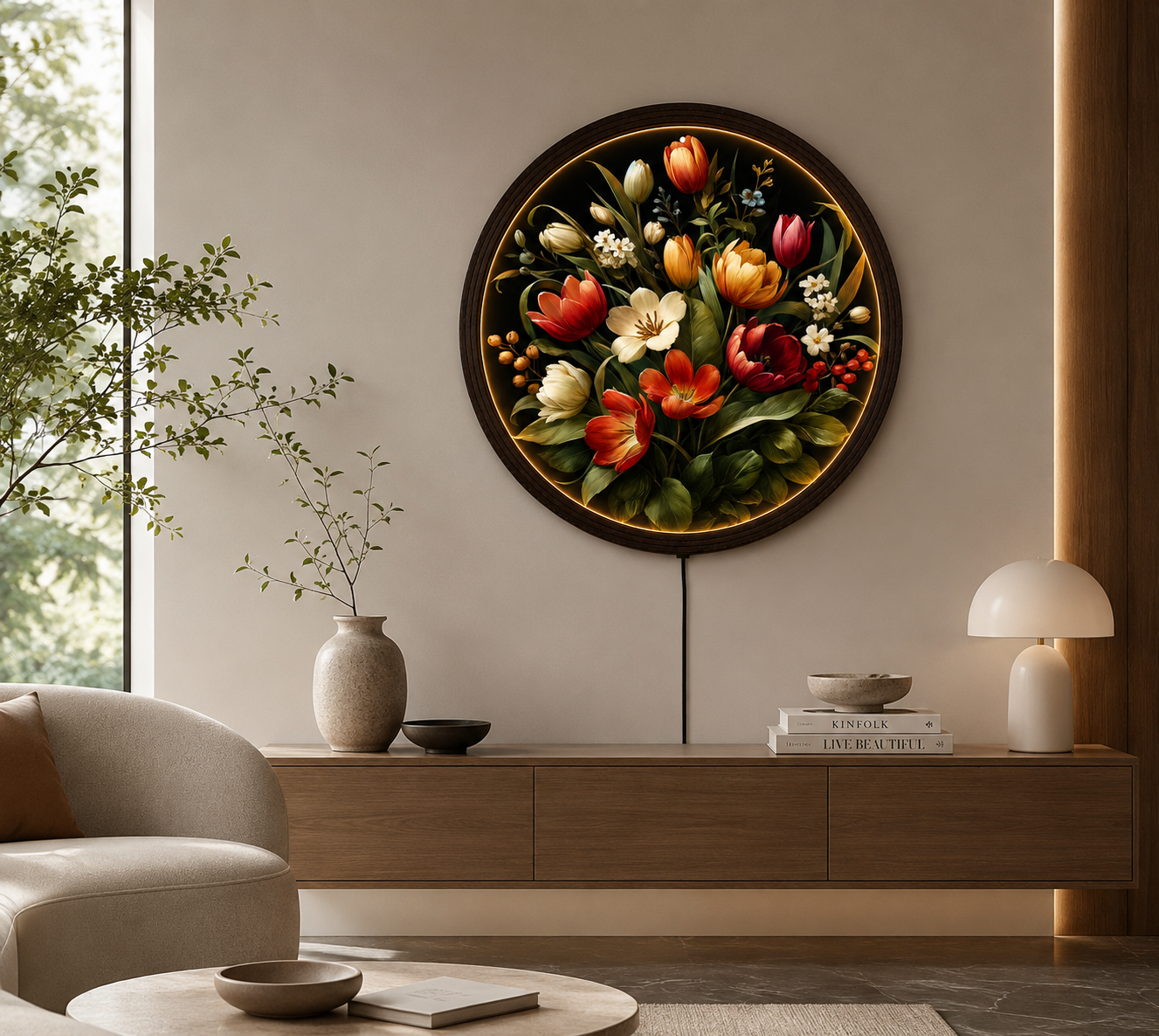 Elegant Floral LED Wall Art – Round Tulip Bloom Lighted Wall Decor, Modern Botanical Home Decor, Illuminated Acrylic Wall Hanging, Living Room Bedroom Decoration  Alternative SEO-friendly Shopify titles: